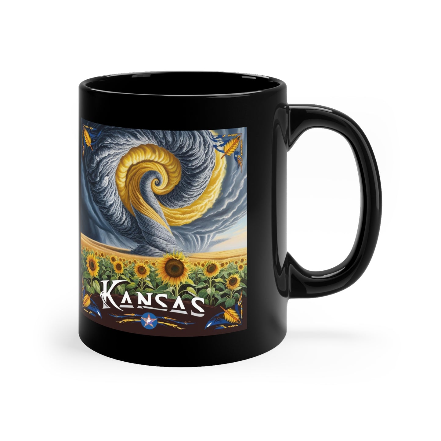 Kansas Themed Black Coffee Mug - 11oz with Sunflowers & Storm Design