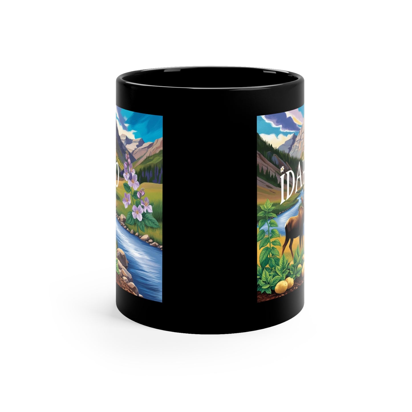Scenic Idaho Coffee Mug - 11oz Black Mug with Mountain and Moose Design