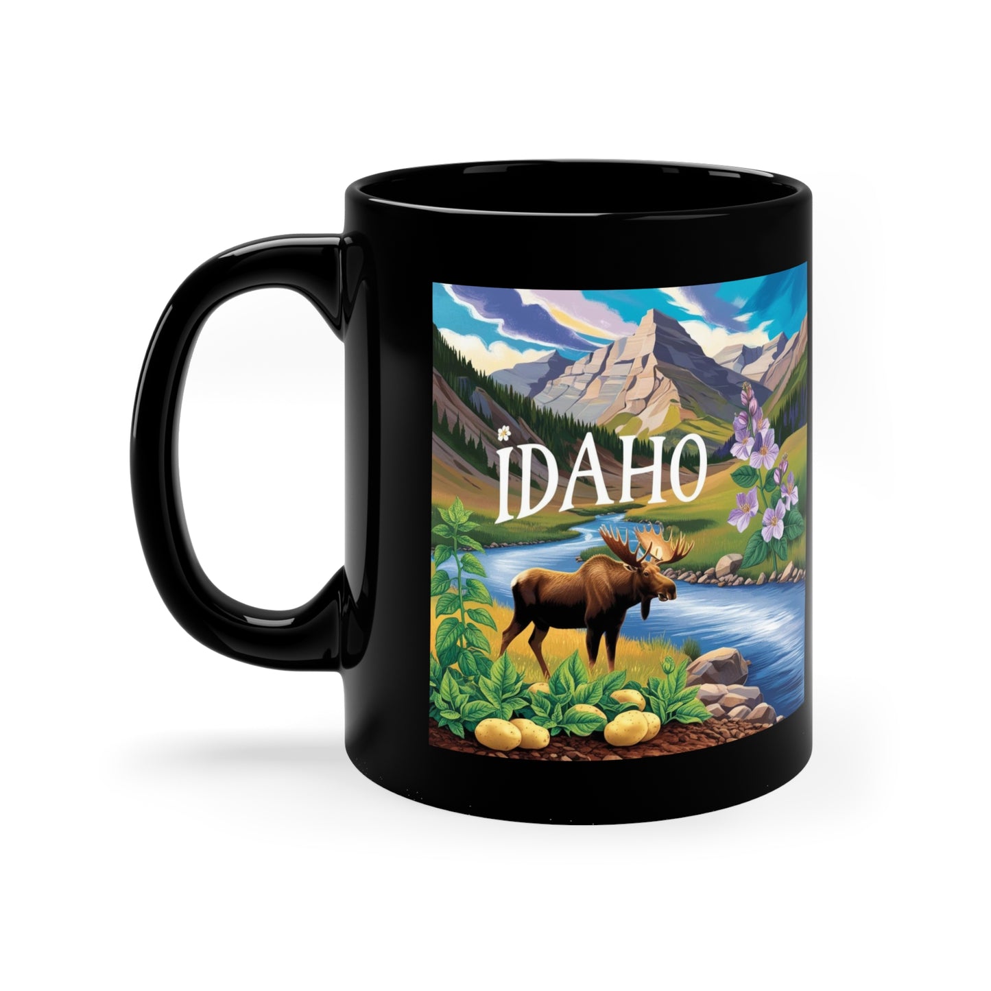 Scenic Idaho Coffee Mug - 11oz Black Mug with Mountain and Moose Design