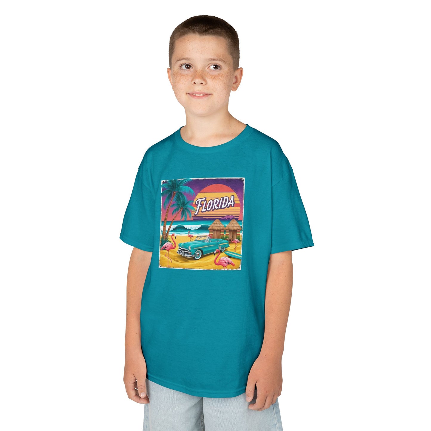 Florida Vintage Kids Tee - Tropical Palm Tree & Flamingo Design