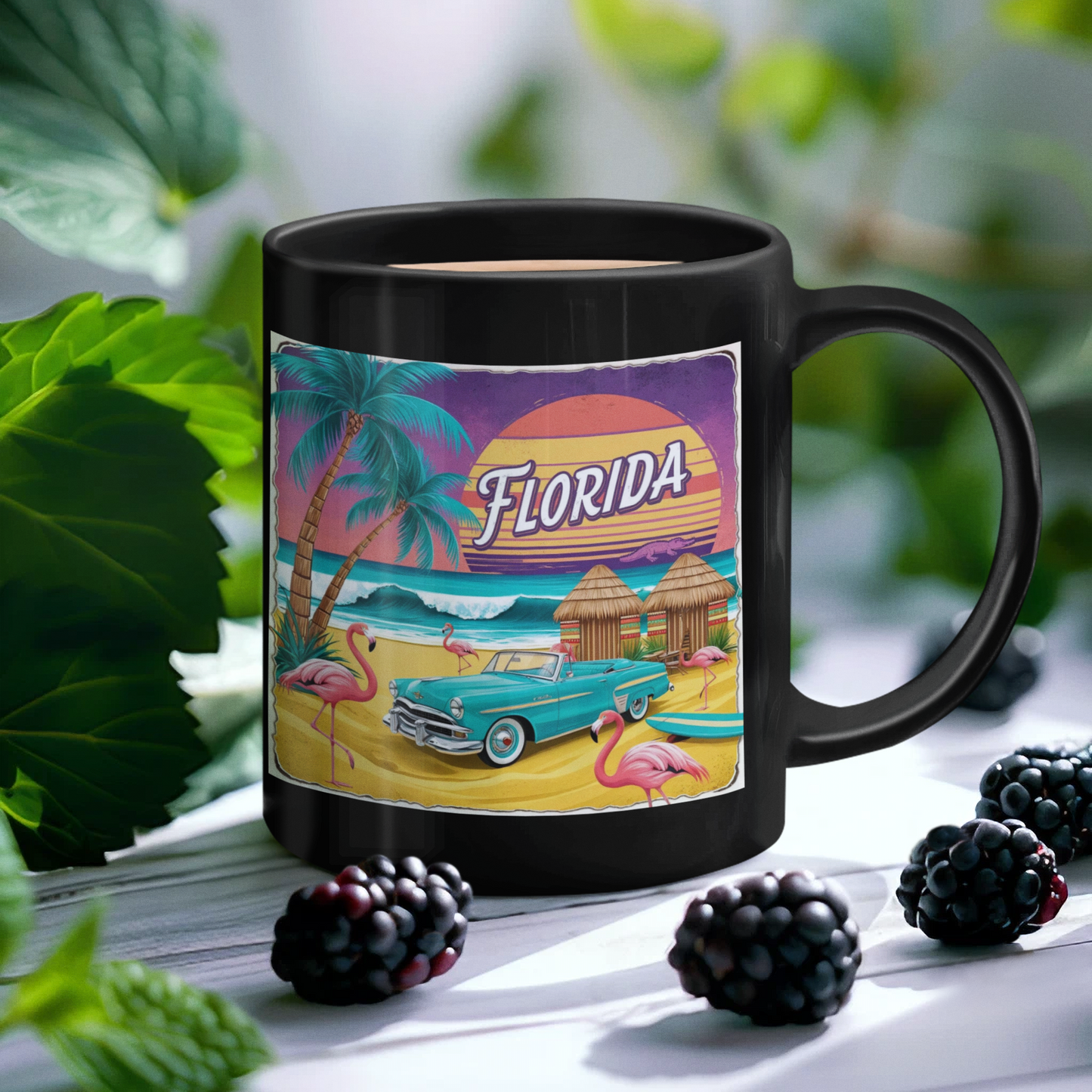 Vintage Florida Flamingo Coffee Mug - 11oz Black Cup for Beach Lovers