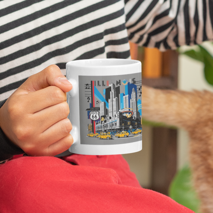 Vintage Route 66 Cityscape Mug – 11oz Retro Travel Illinois Coffee Cup