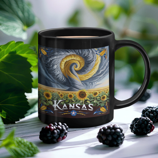 Kansas Themed Black Coffee Mug - 11oz with Sunflowers & Storm Design