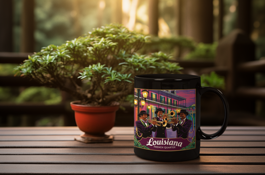 Louisiana Jazz Coffee Mug - 11oz Black Mug with French Quarter Design