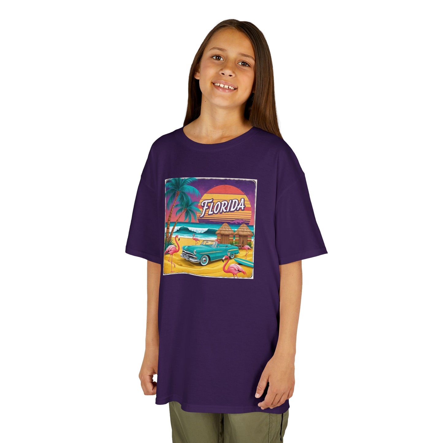 Florida Vintage Kids Tee - Tropical Palm Tree & Flamingo Design