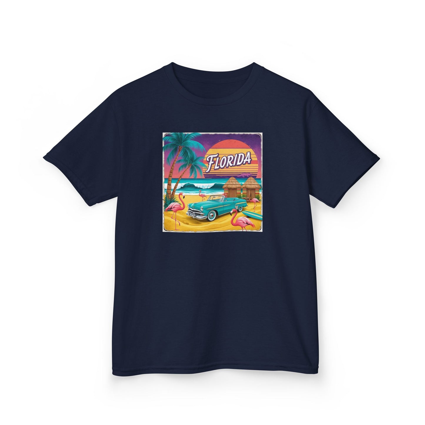 Florida Vintage Kids Tee - Tropical Palm Tree & Flamingo Design
