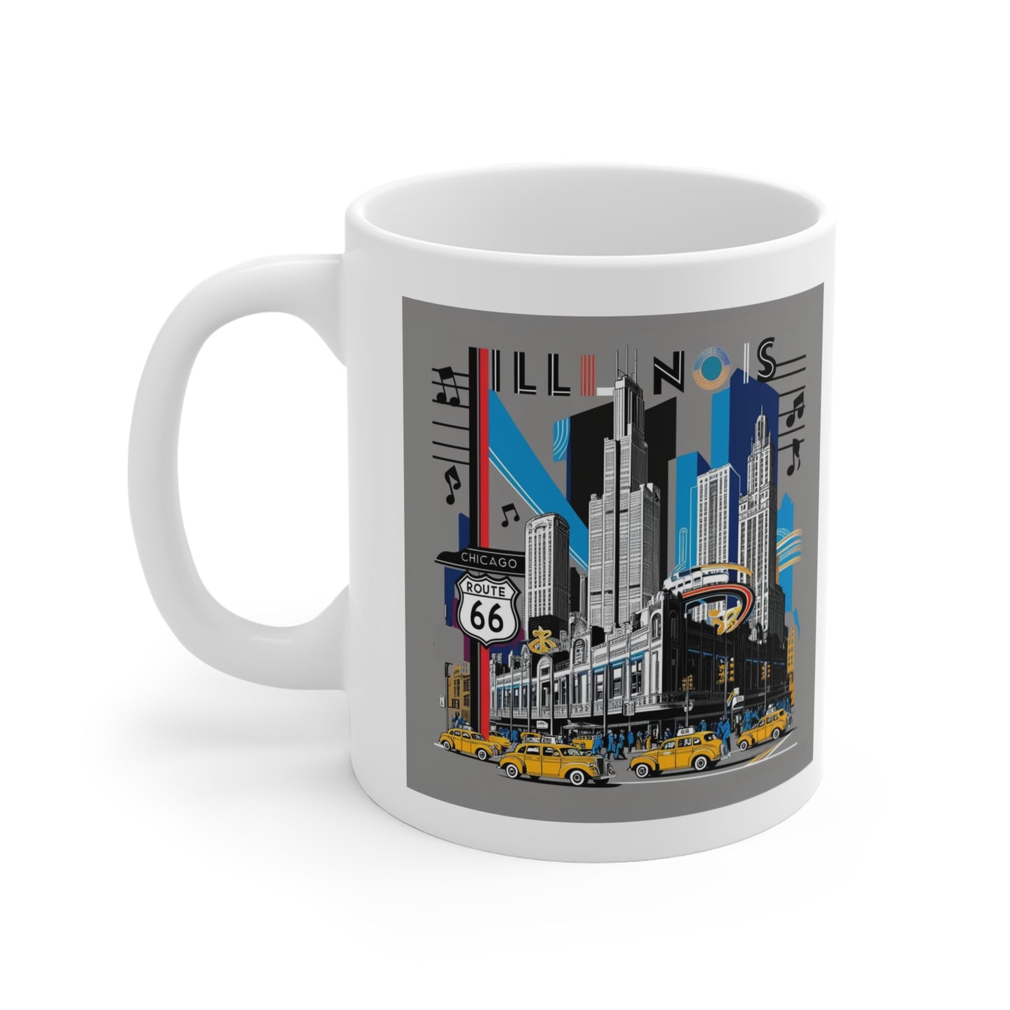 Vintage Route 66 Cityscape Mug – 11oz Retro Travel Illinois Coffee Cup