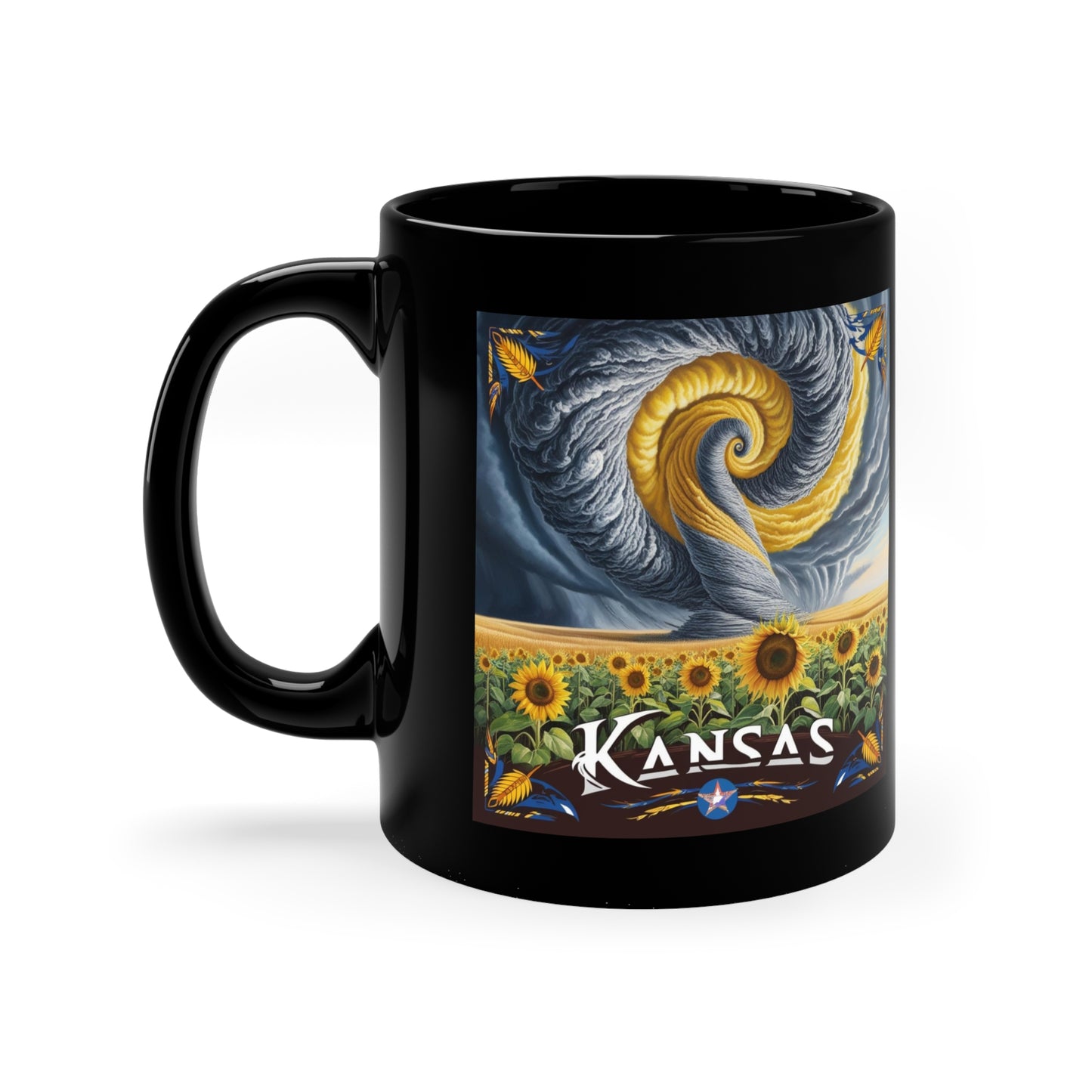 Kansas Themed Black Coffee Mug - 11oz with Sunflowers & Storm Design