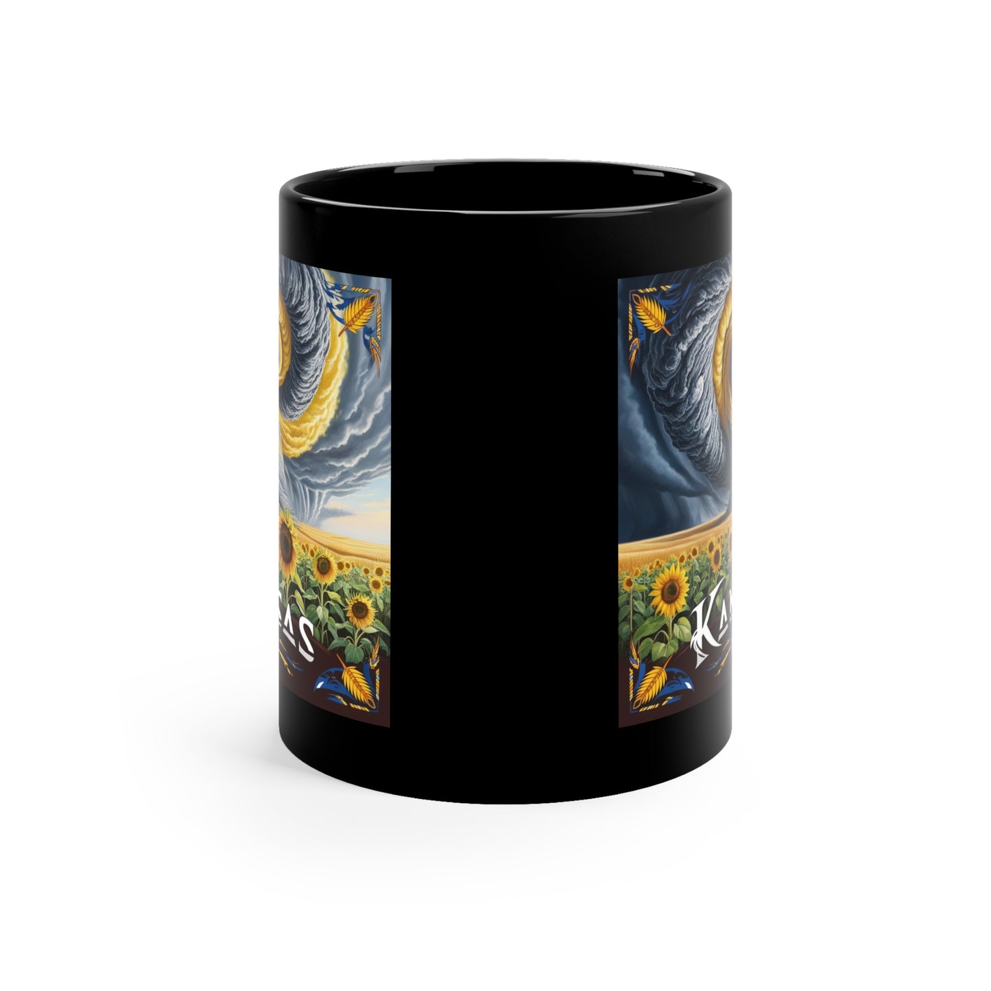 Kansas Themed Black Coffee Mug - 11oz with Sunflowers & Storm Design