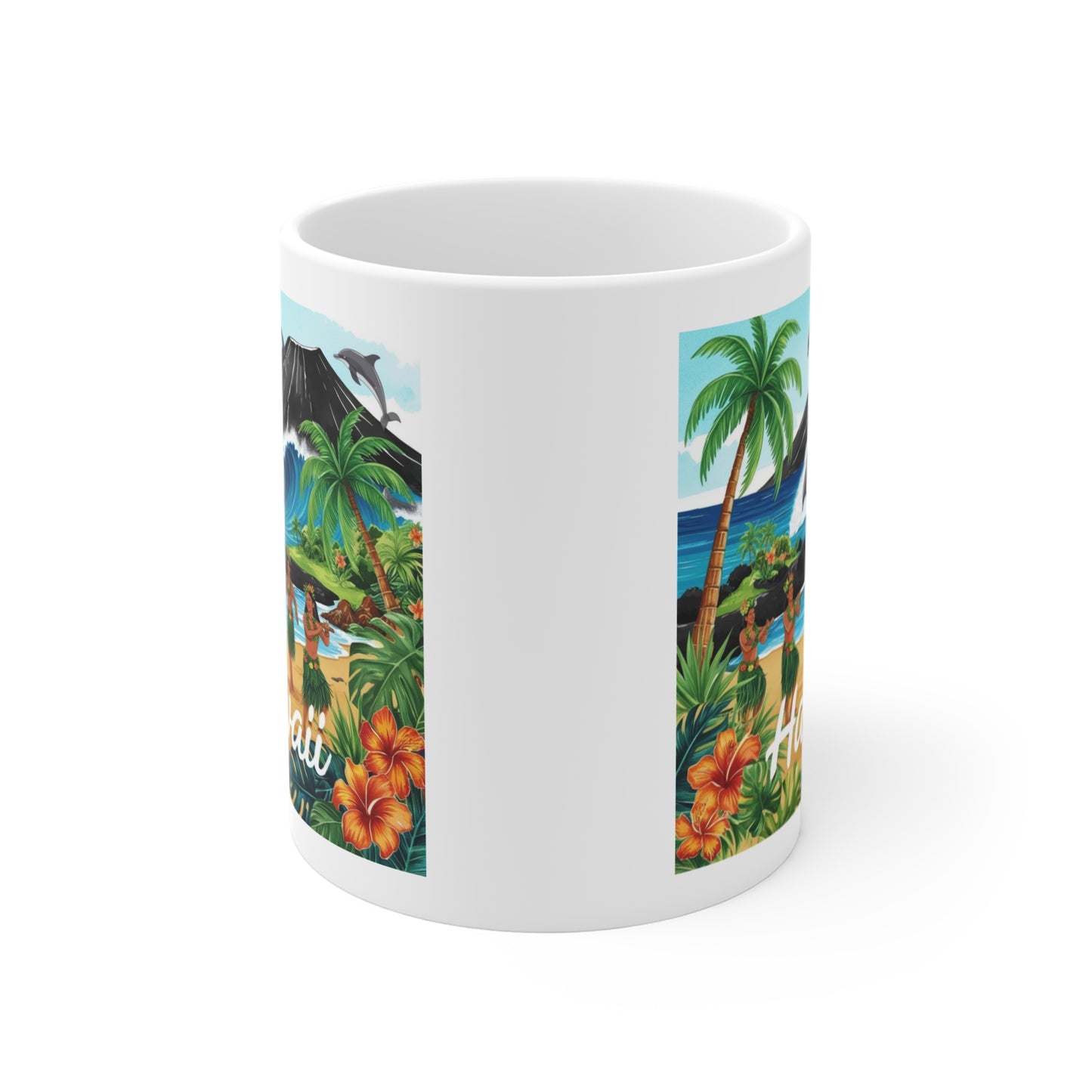 Hawaiian Paradise Coffee Mug - 11oz Tropical Design with Hula Dancers & Surf Waves