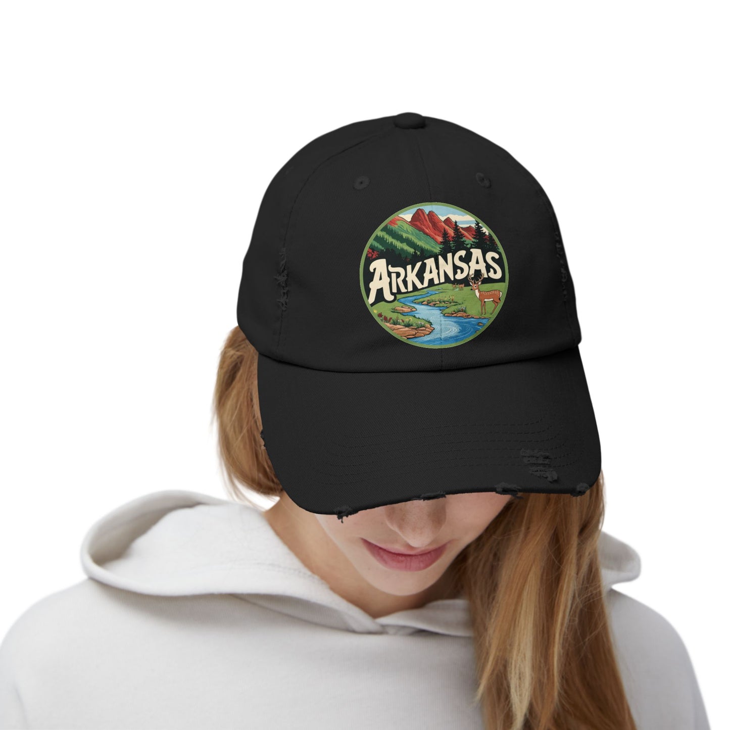 Unisex Distressed Cap with Arkansas Graphic | Vintage Outdoor Style Hat