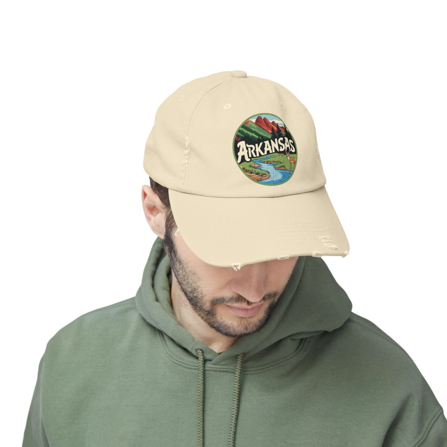 Unisex Distressed Cap with Arkansas Graphic | Vintage Outdoor Style Hat