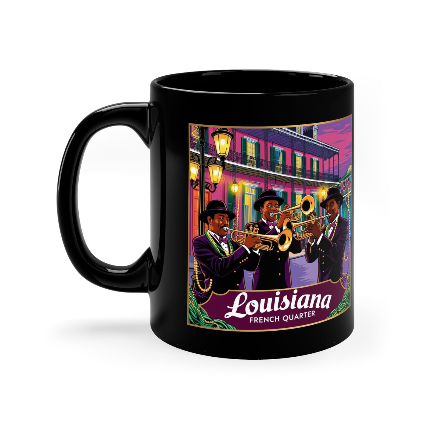 Louisiana Jazz Coffee Mug - 11oz Black Mug with French Quarter Design