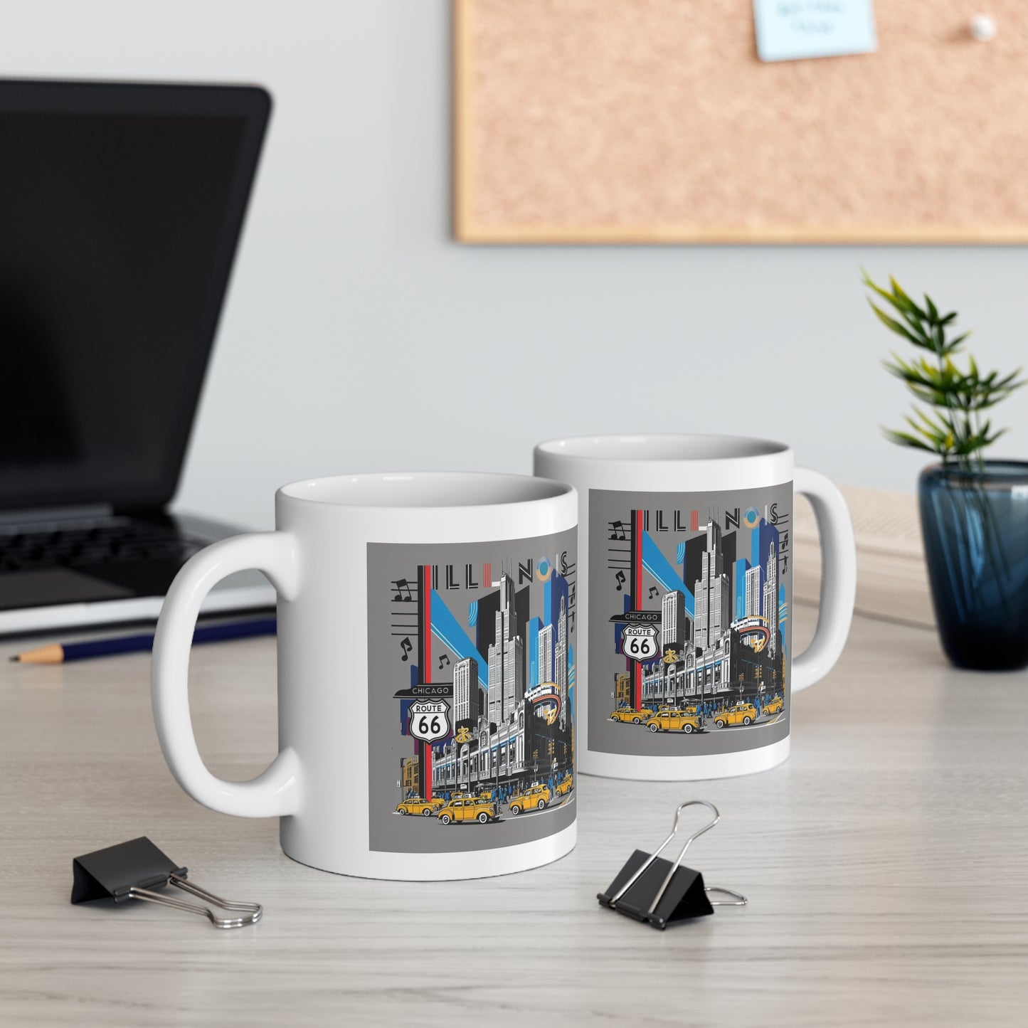 Vintage Route 66 Cityscape Mug – 11oz Retro Travel Illinois Coffee Cup