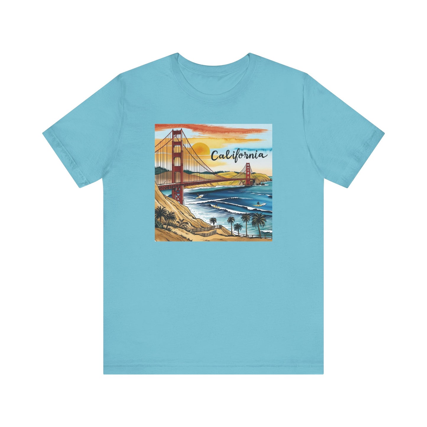 California Sunset Short Sleeve Tee - Unisex Jersey T-Shirt with Golden Gate Bridge Design