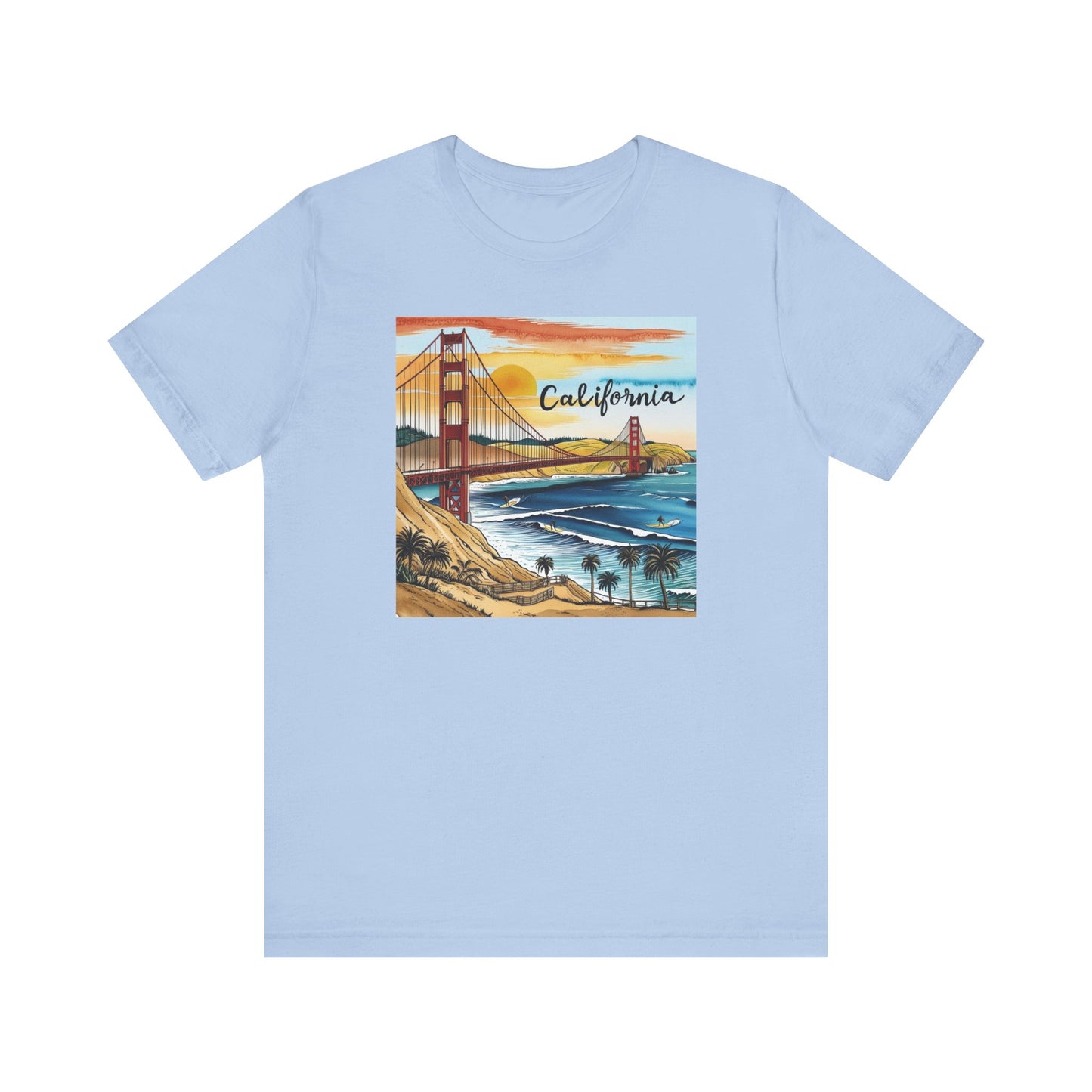 California Sunset Short Sleeve Tee - Unisex Jersey T-Shirt with Golden Gate Bridge Design