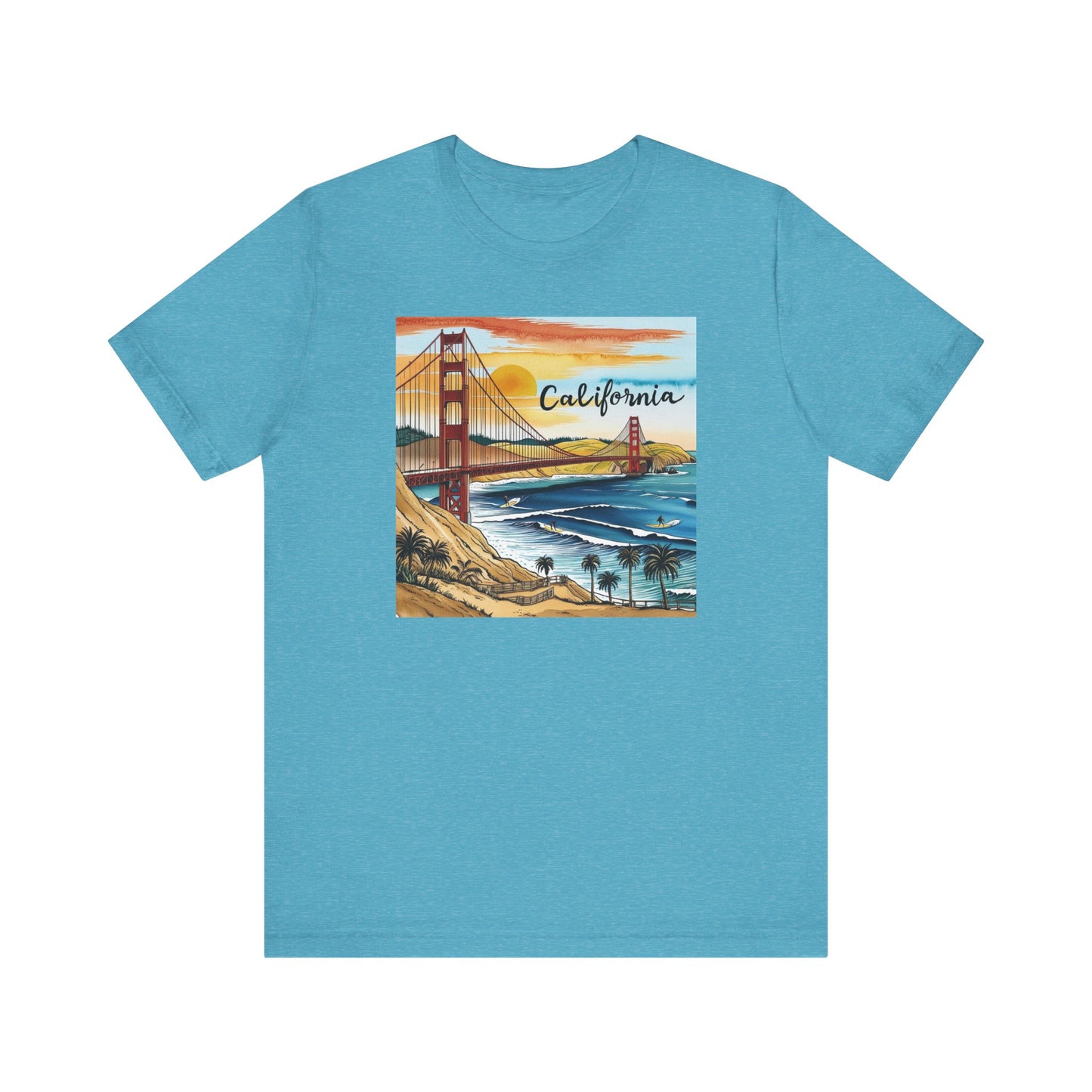 California Sunset Short Sleeve Tee - Unisex Jersey T-Shirt with Golden Gate Bridge Design