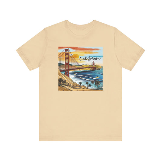 California Sunset Short Sleeve Tee - Unisex Jersey T-Shirt with Golden Gate Bridge Design