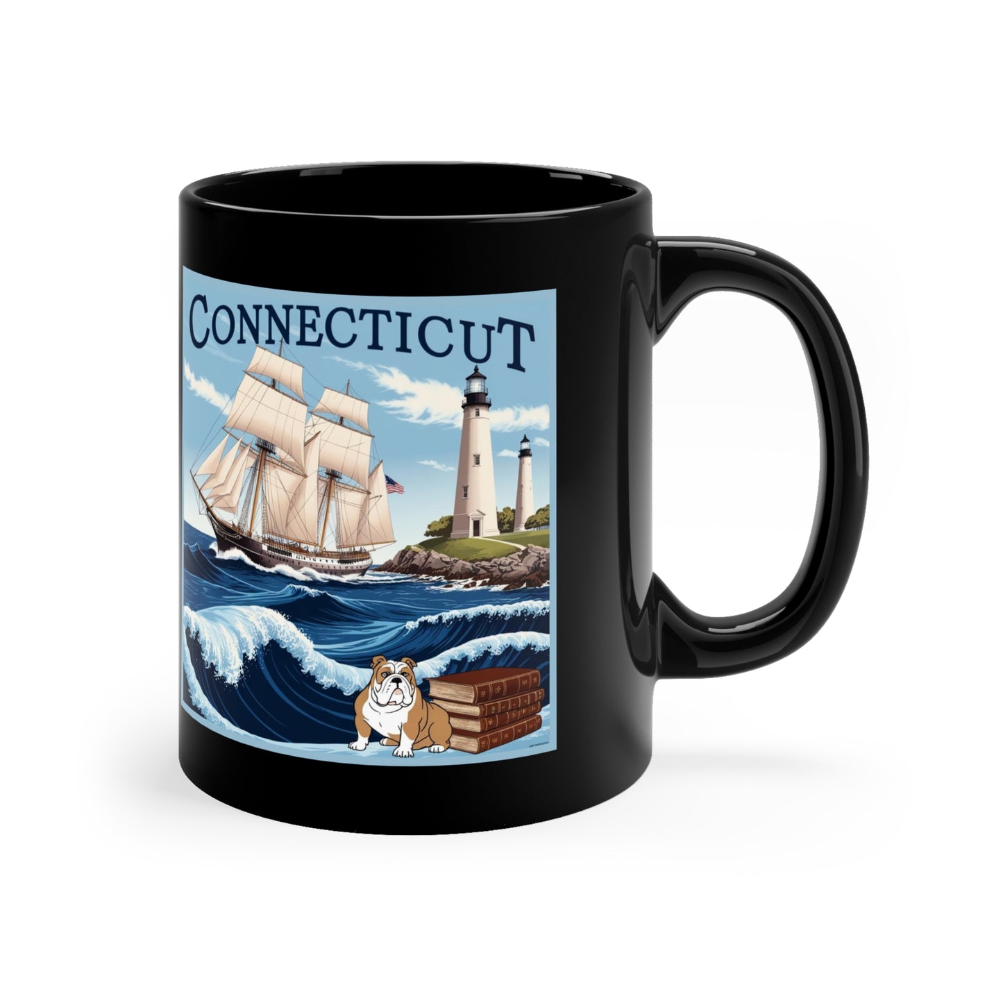 Connecticut Coastal Scenes Coffee Mug - 11oz Black with Lighthouse & Sailboat Design