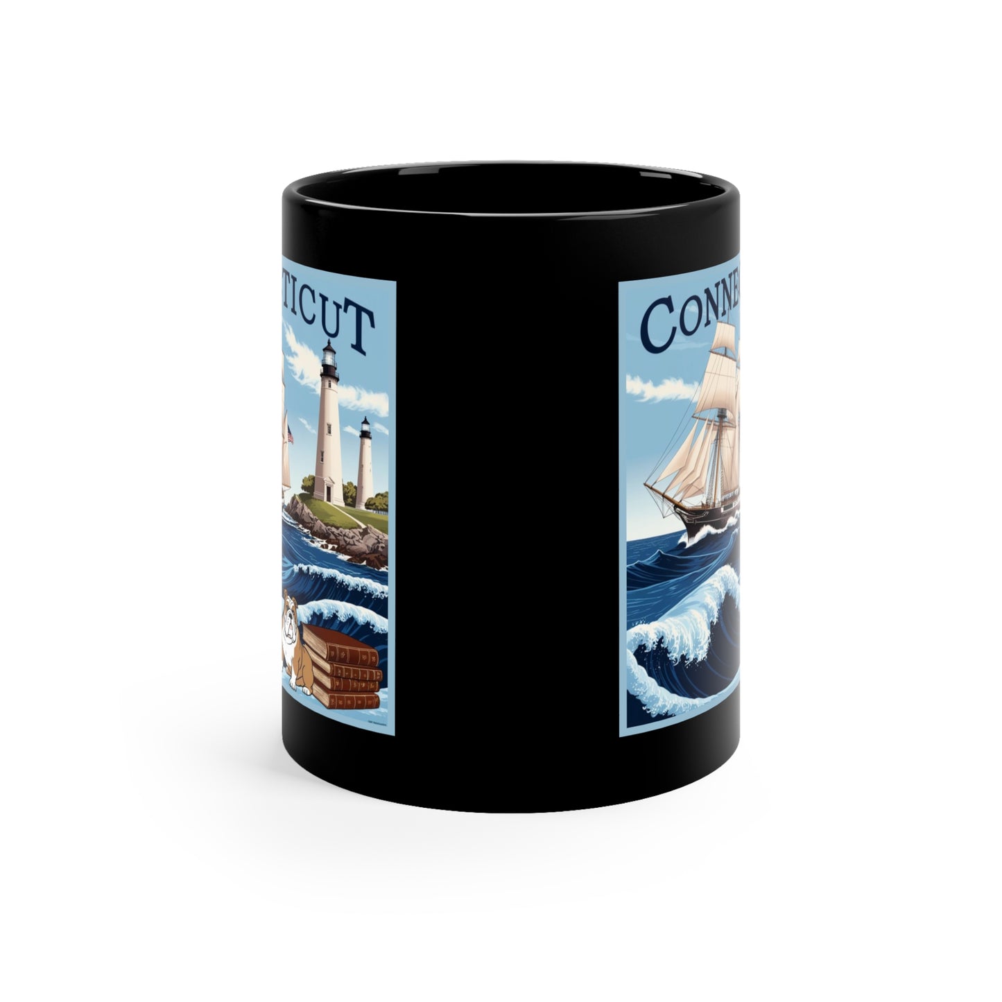 Connecticut Coastal Scenes Coffee Mug - 11oz Black with Lighthouse & Sailboat Design