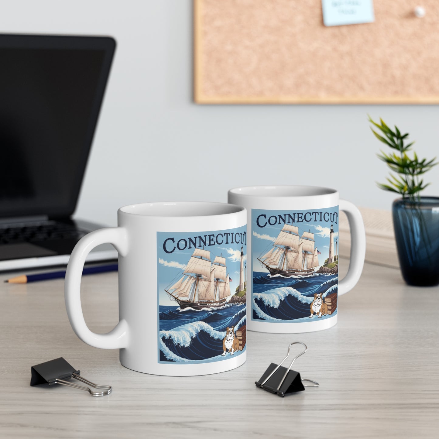 Connecticut Coastline Mug 11oz - Nautical Design with Lighthouse and Bulldog