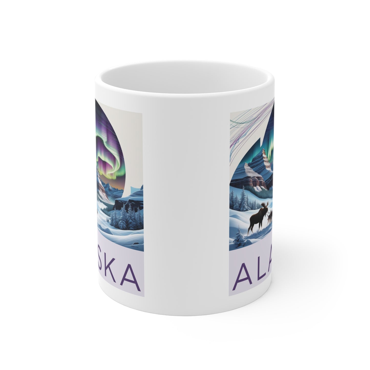 Alaska Aurora Landscape Mug – 11oz Coffee Cup Featuring Northern Lights & Wildlife