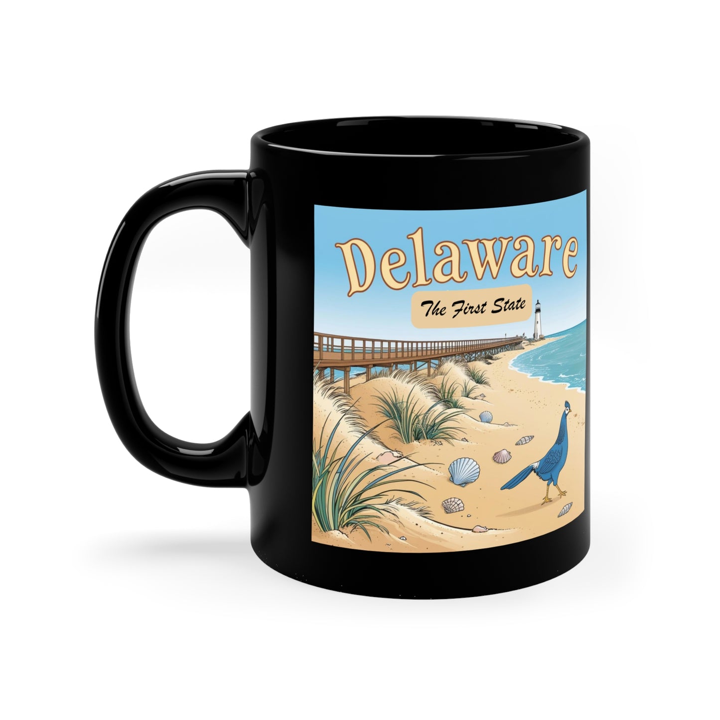 Delaware Beach Scene Coffee Mug | Black 11oz Mug for Coastal Lovers