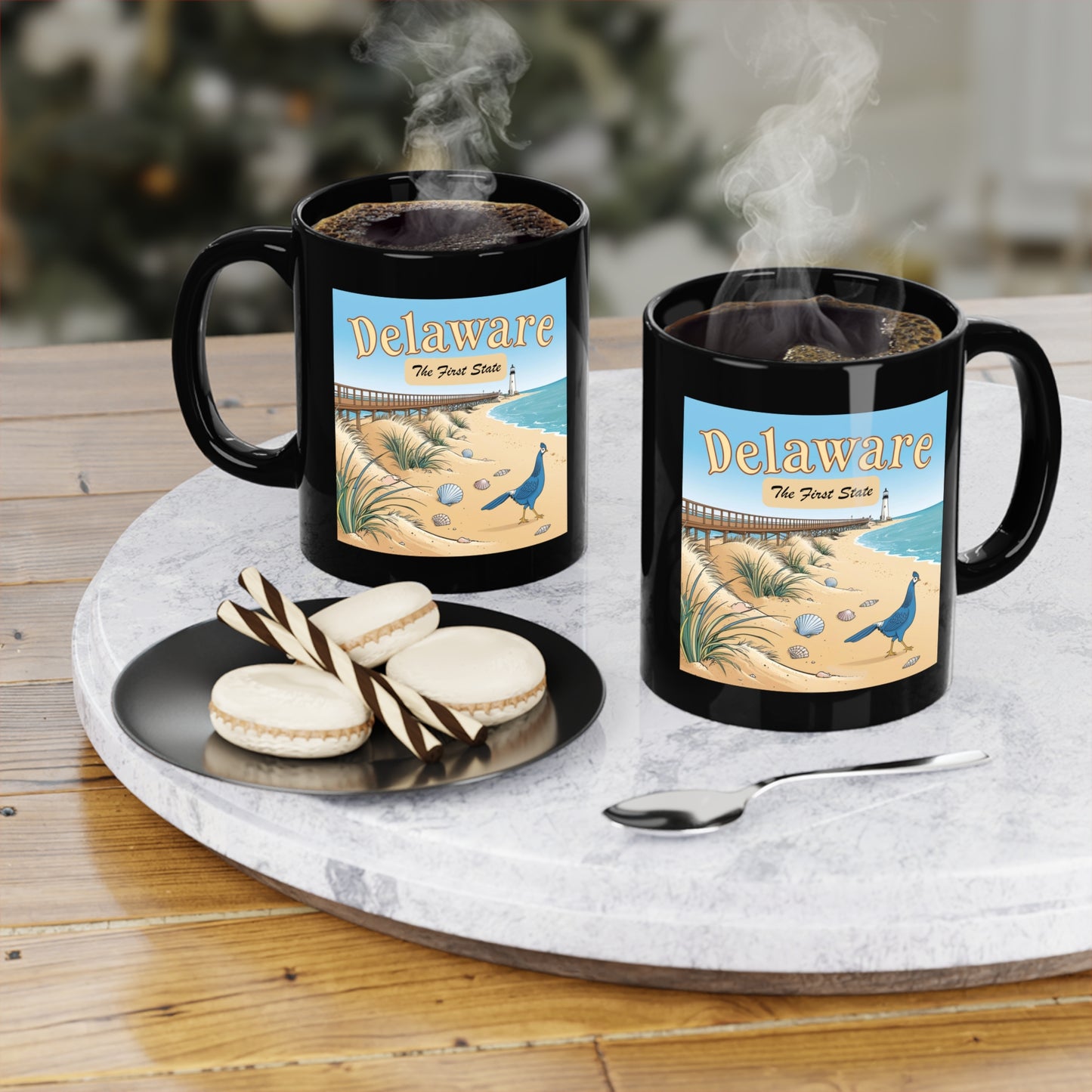 Delaware Beach Scene Coffee Mug | Black 11oz Mug for Coastal Lovers