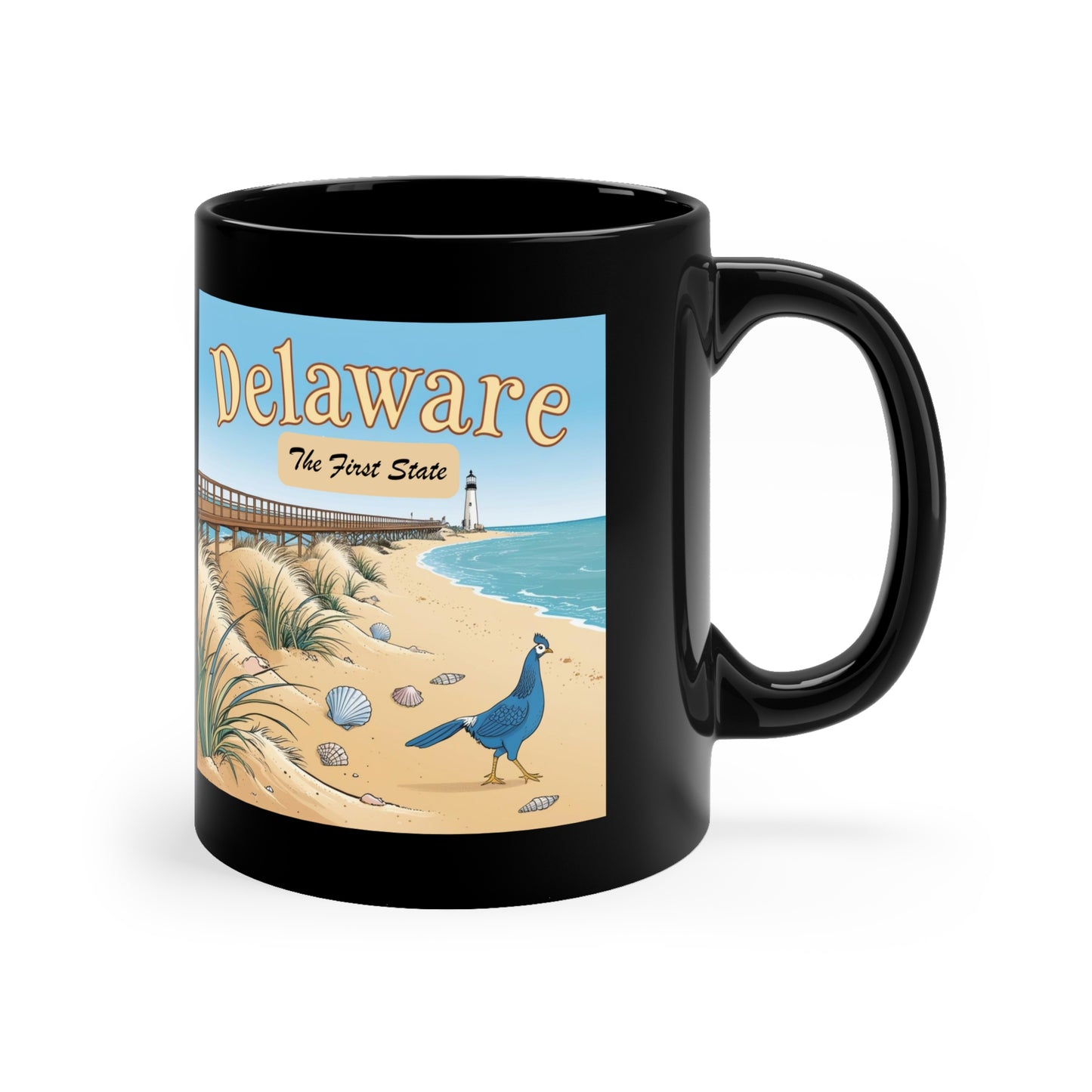 Delaware Beach Scene Coffee Mug | Black 11oz Mug for Coastal Lovers