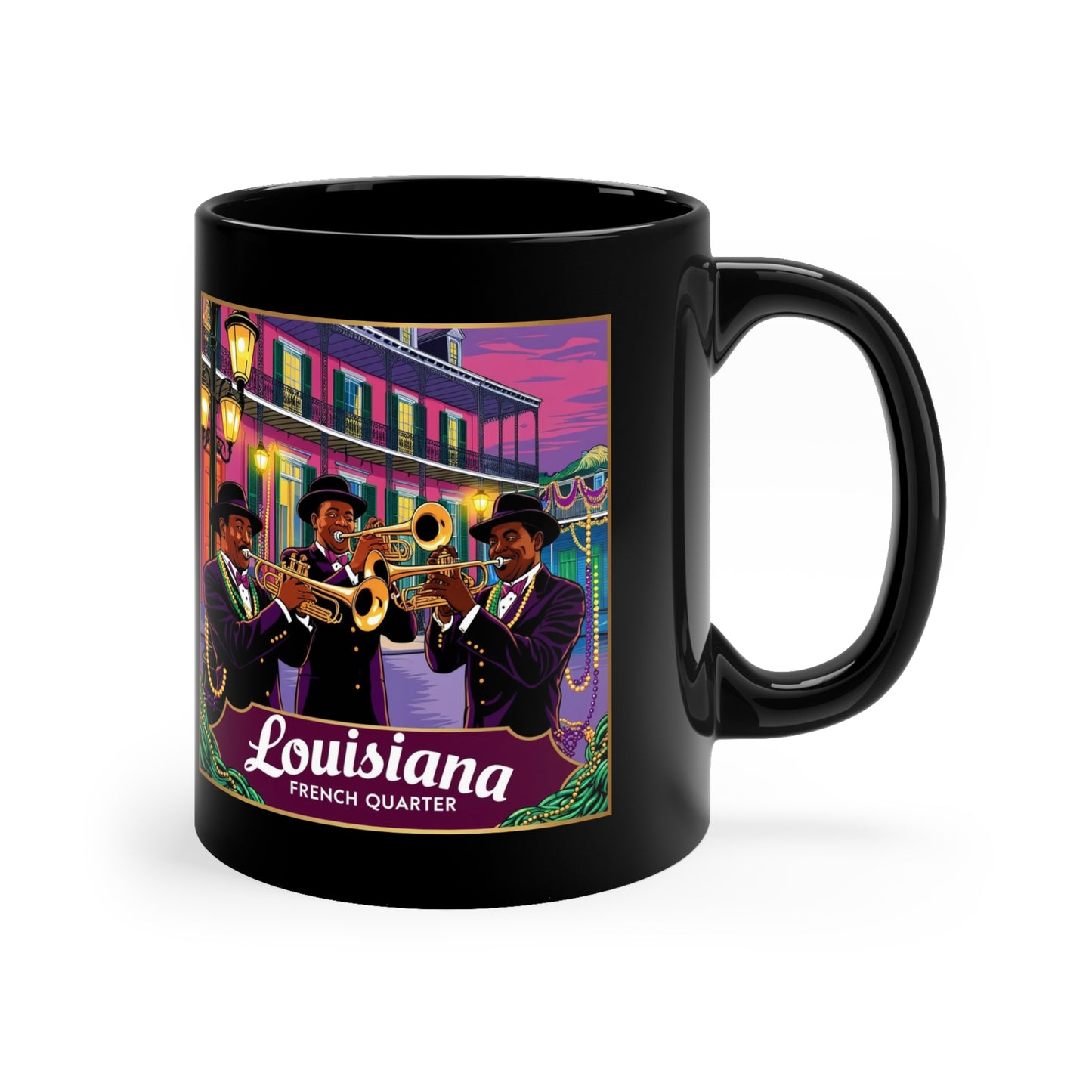 Louisiana Jazz Coffee Mug - 11oz Black Mug with French Quarter Design