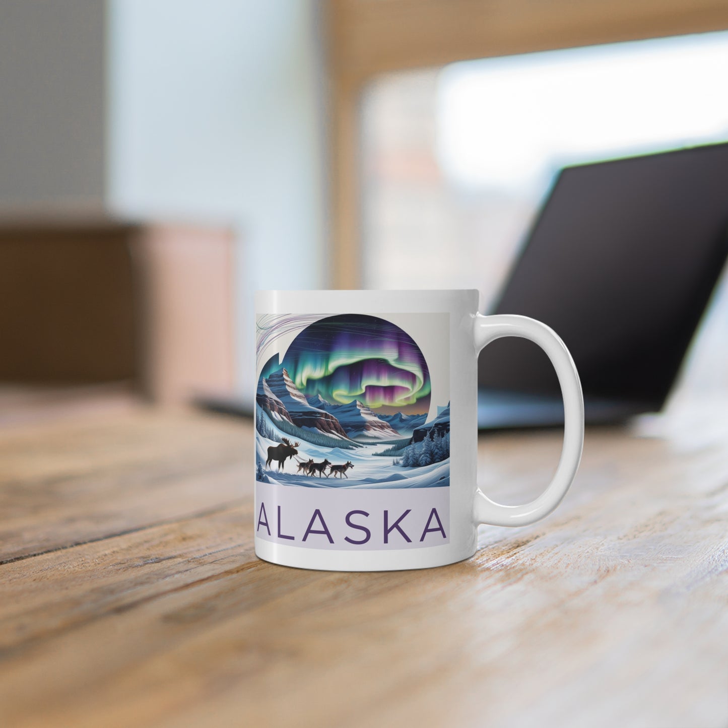 Alaska Aurora Landscape Mug – 11oz Coffee Cup Featuring Northern Lights & Wildlife