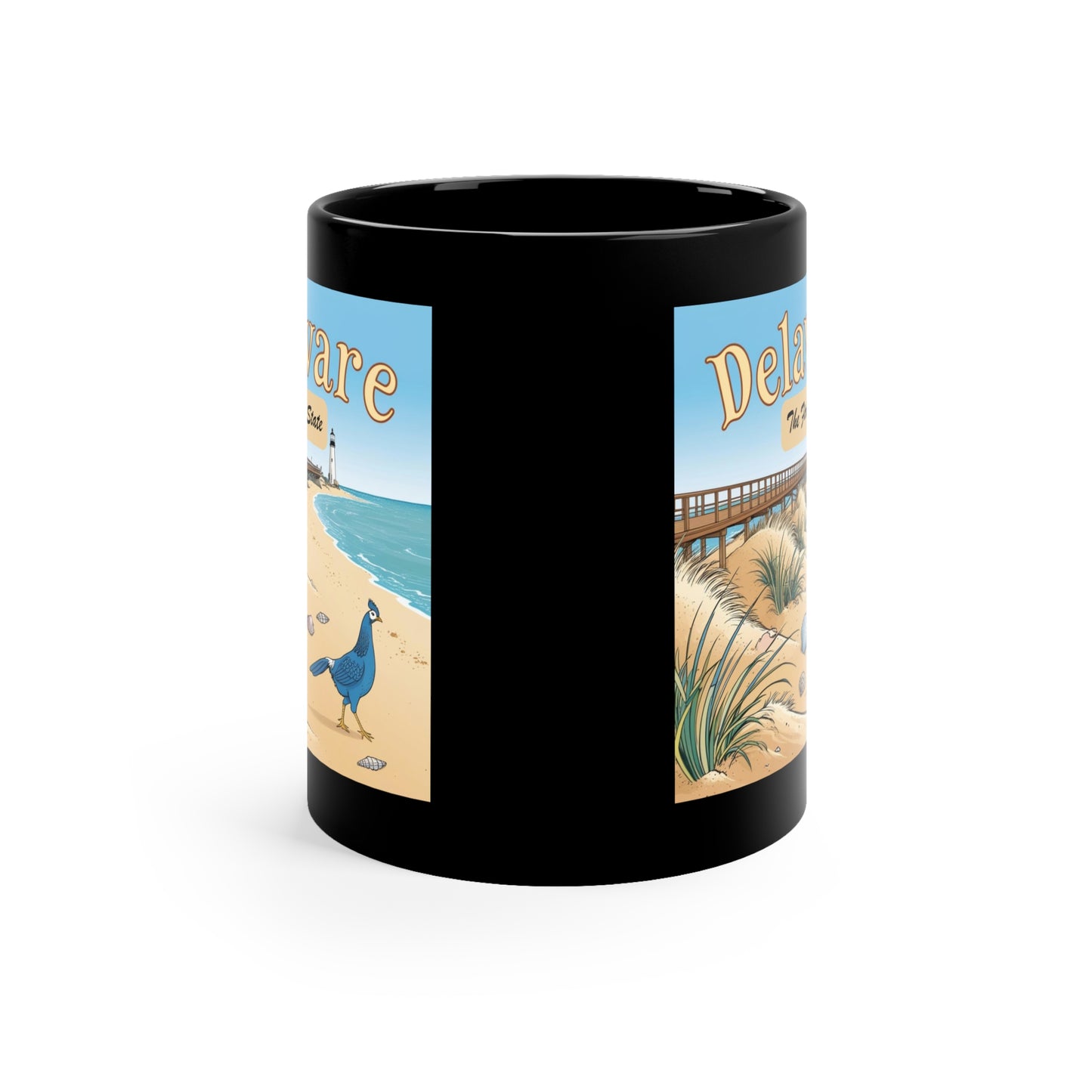 Delaware Beach Scene Coffee Mug | Black 11oz Mug for Coastal Lovers