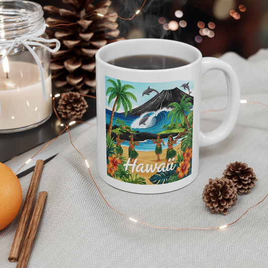 Hawaiian Paradise Coffee Mug - 11oz Tropical Design with Hula Dancers & Surf Waves