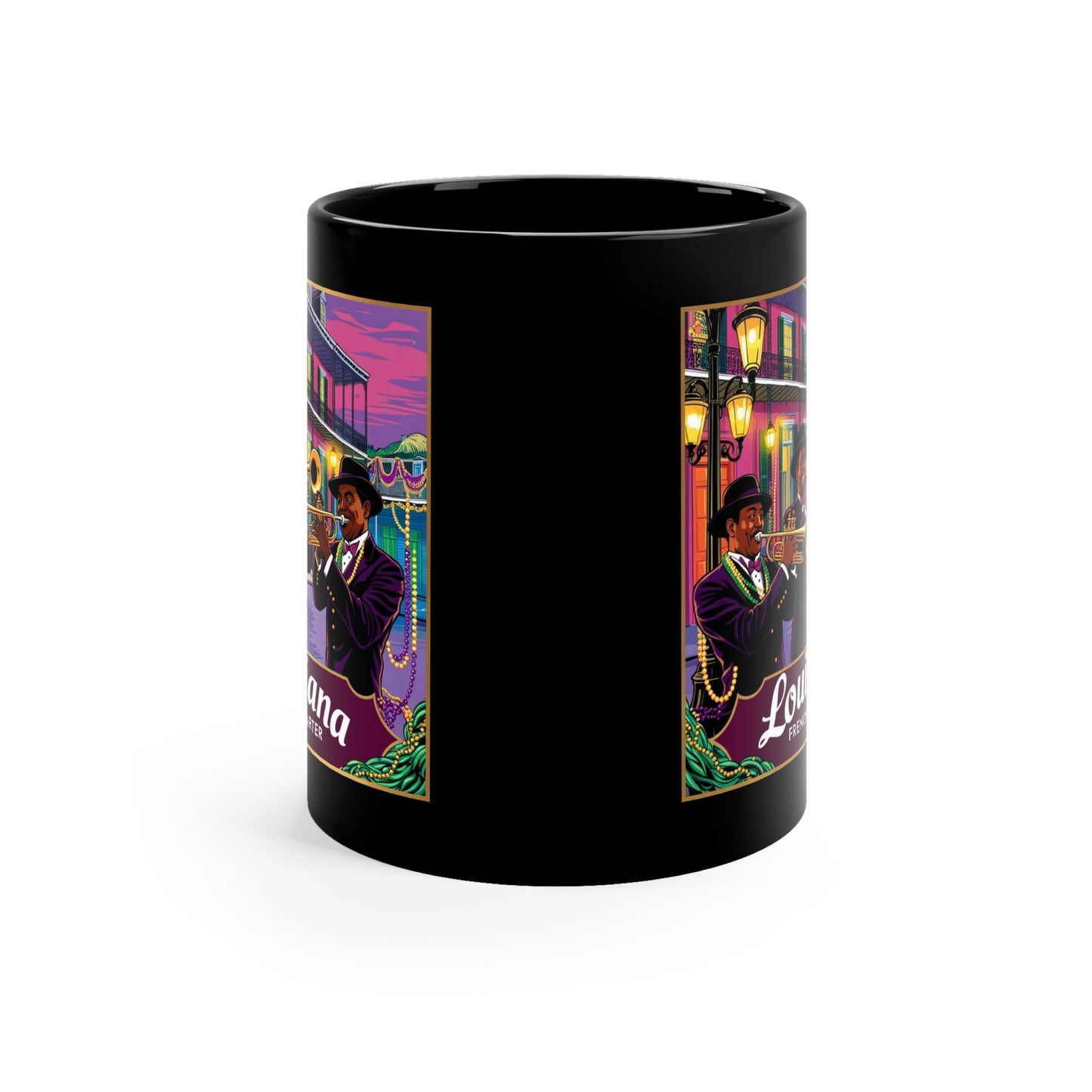 Louisiana Jazz Coffee Mug - 11oz Black Mug with French Quarter Design