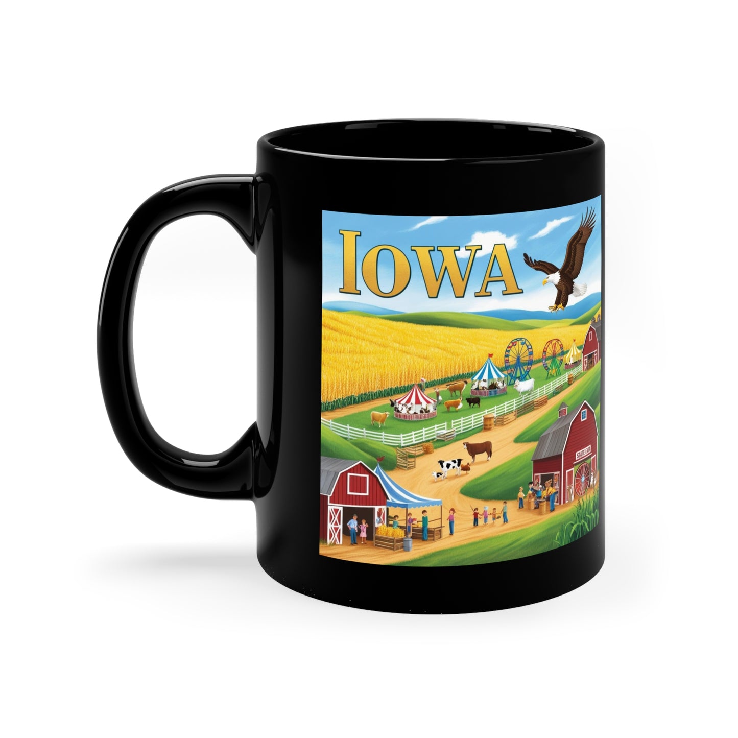 Iowa Scenic Black Coffee Mug - 11oz Farm & Festival Design