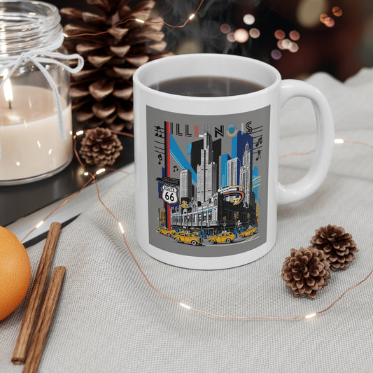 Vintage Route 66 Cityscape Mug – 11oz Retro Travel Illinois Coffee Cup