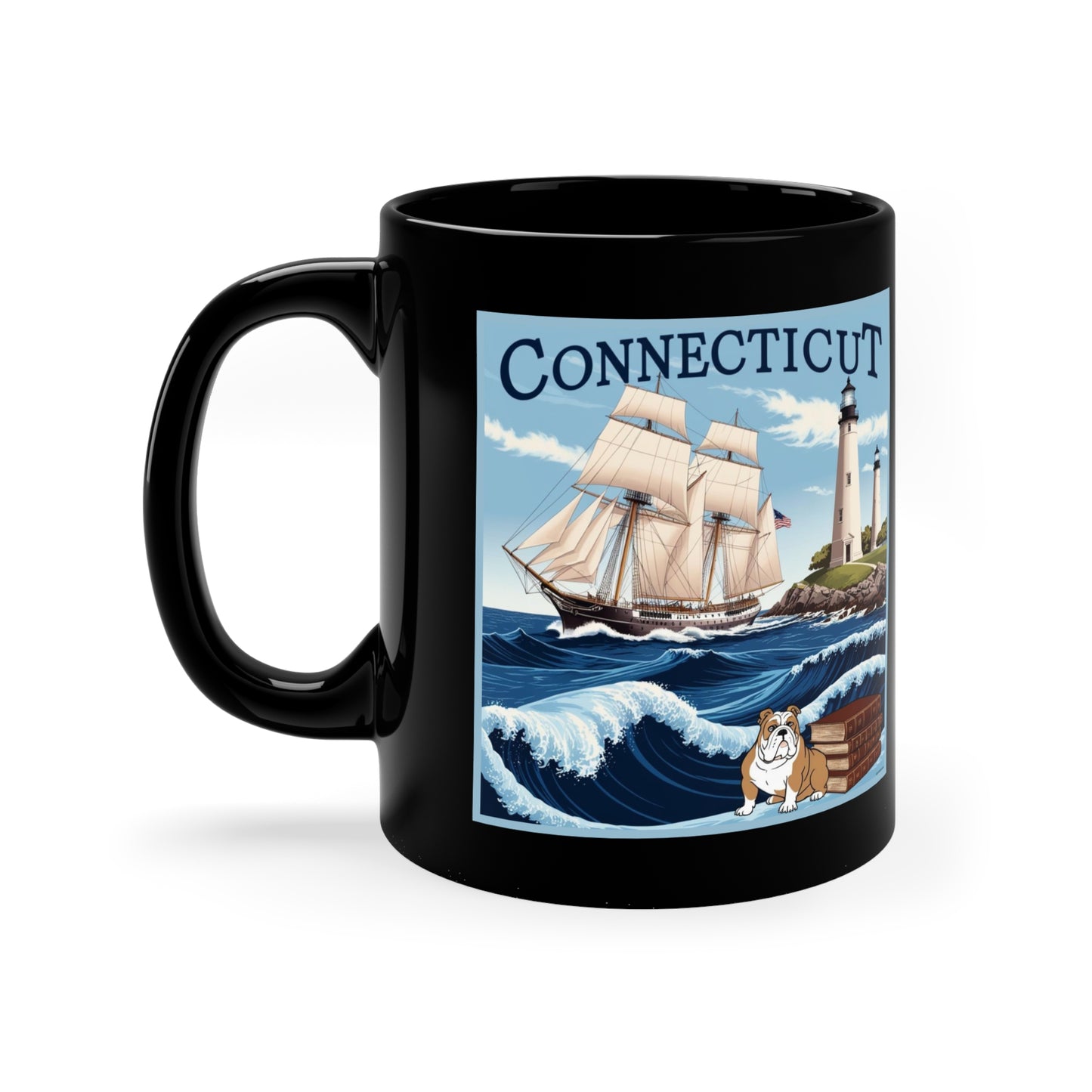 Connecticut Coastal Scenes Coffee Mug - 11oz Black with Lighthouse & Sailboat Design