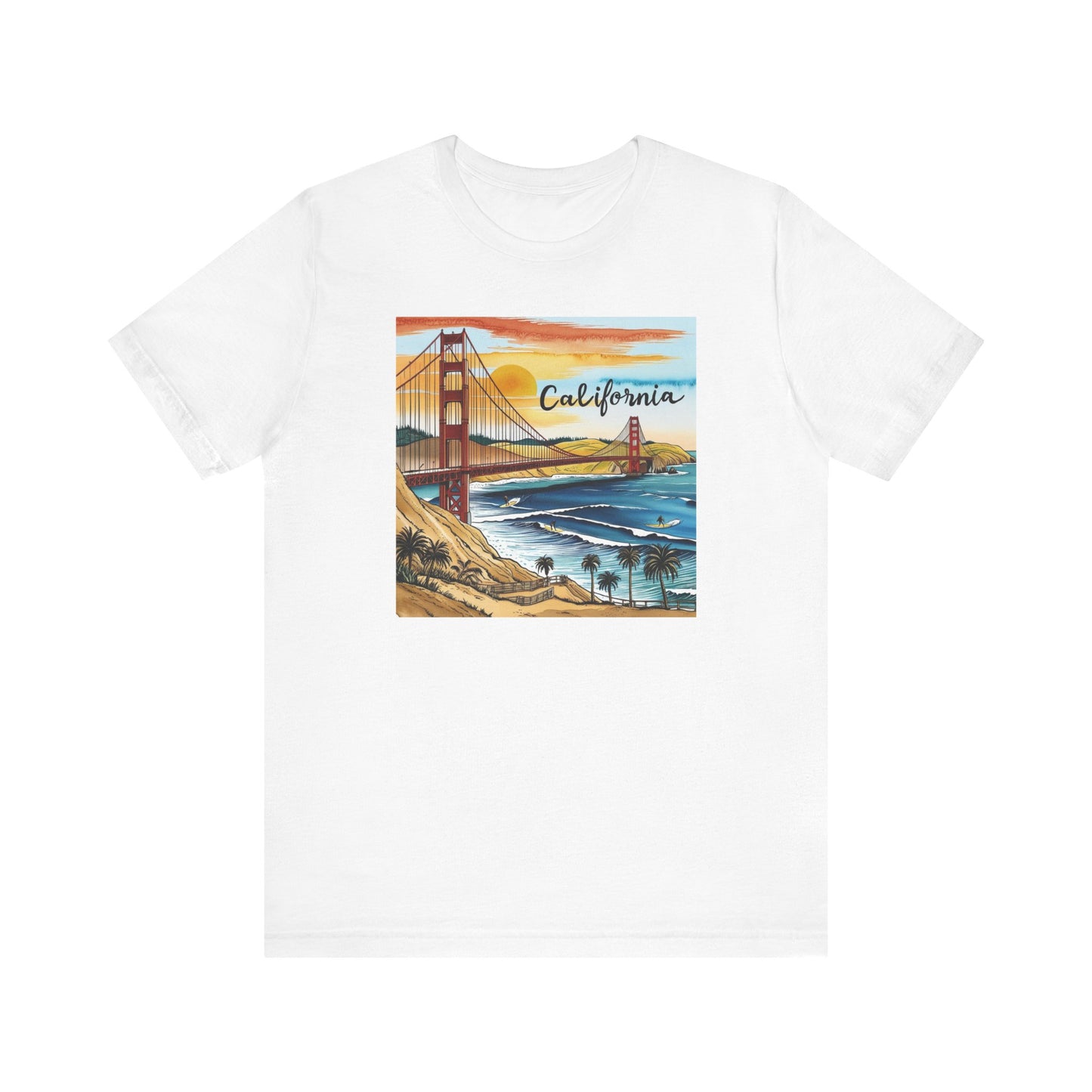 California Sunset Short Sleeve Tee - Unisex Jersey T-Shirt with Golden Gate Bridge Design