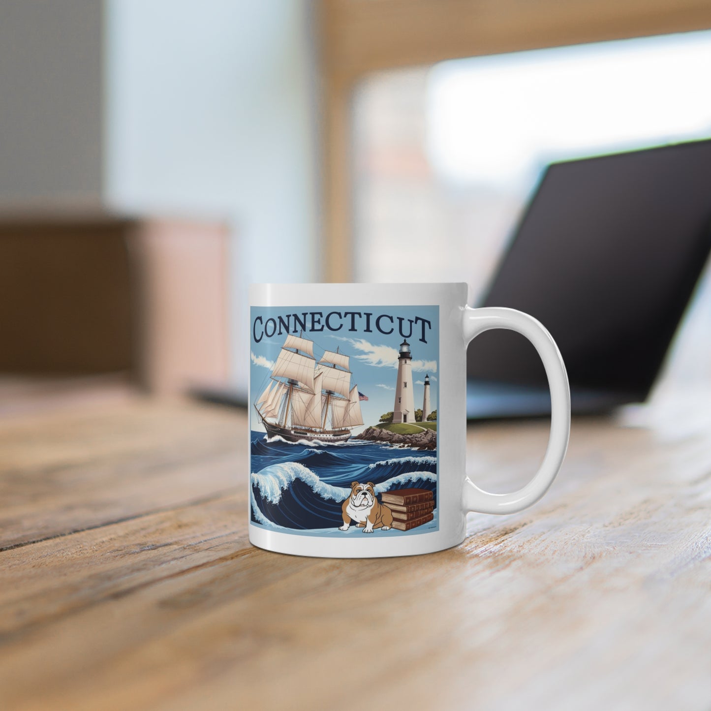 Connecticut Coastline Mug 11oz - Nautical Design with Lighthouse and Bulldog