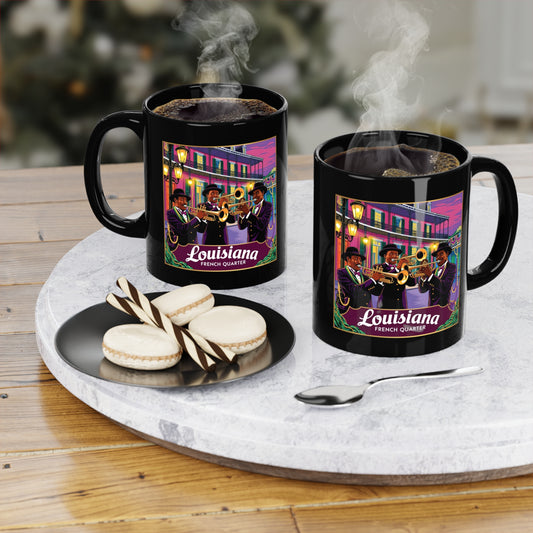 Louisiana Jazz Coffee Mug - 11oz Black Mug with French Quarter Design