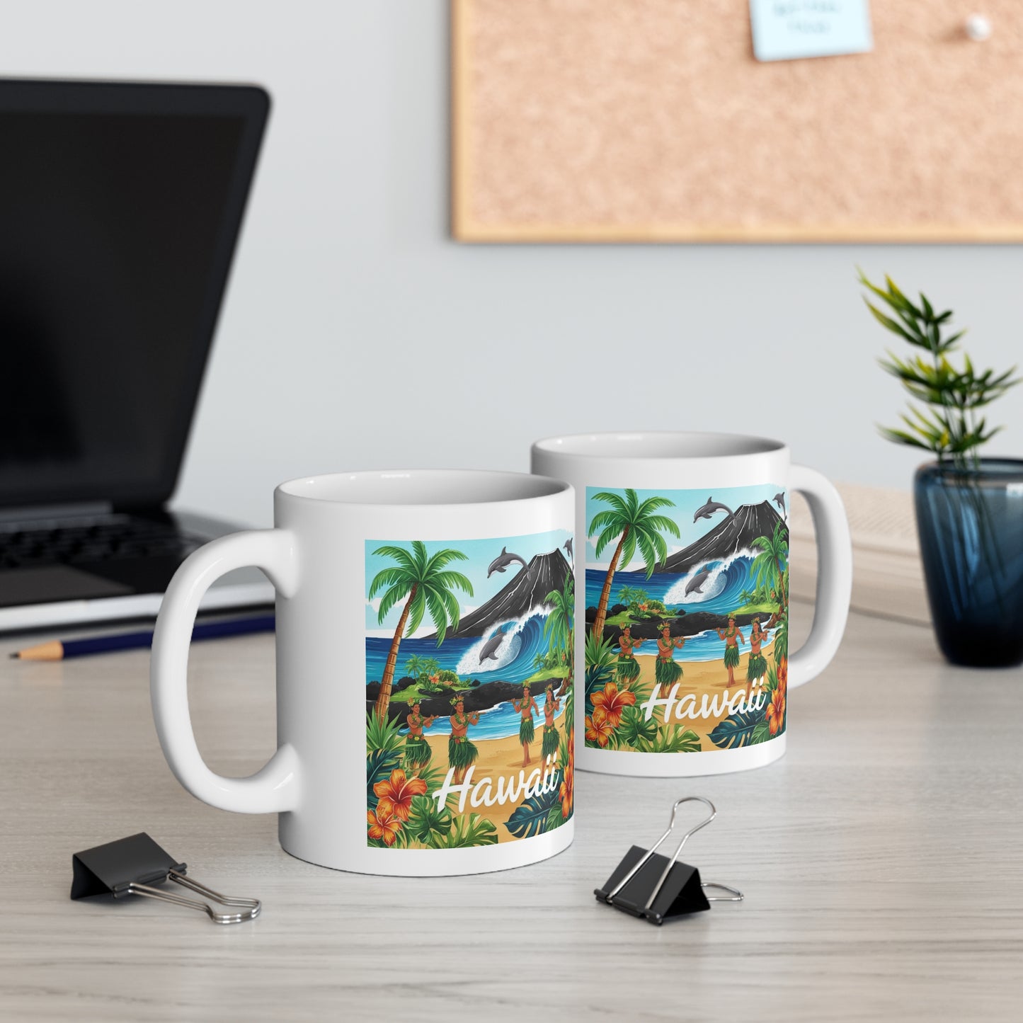 Hawaiian Paradise Coffee Mug - 11oz Tropical Design with Hula Dancers & Surf Waves