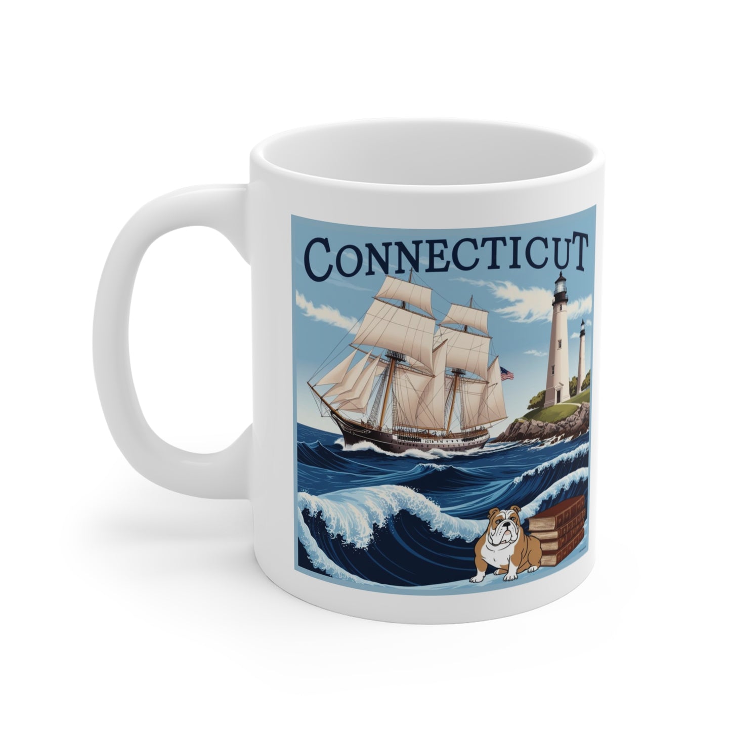 Connecticut Coastline Mug 11oz - Nautical Design with Lighthouse and Bulldog