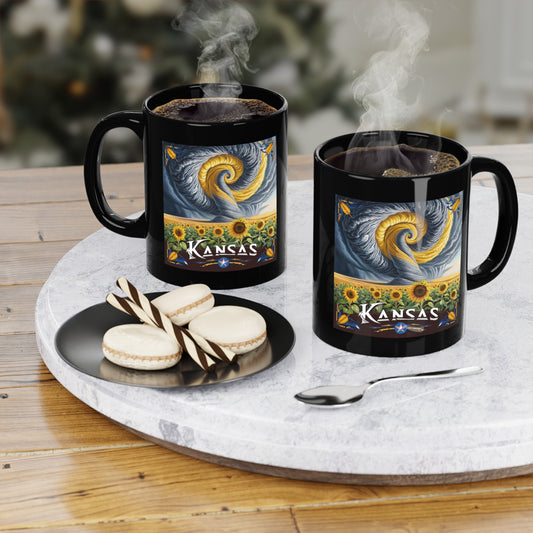 Kansas Themed Black Coffee Mug - 11oz with Sunflowers & Storm Design