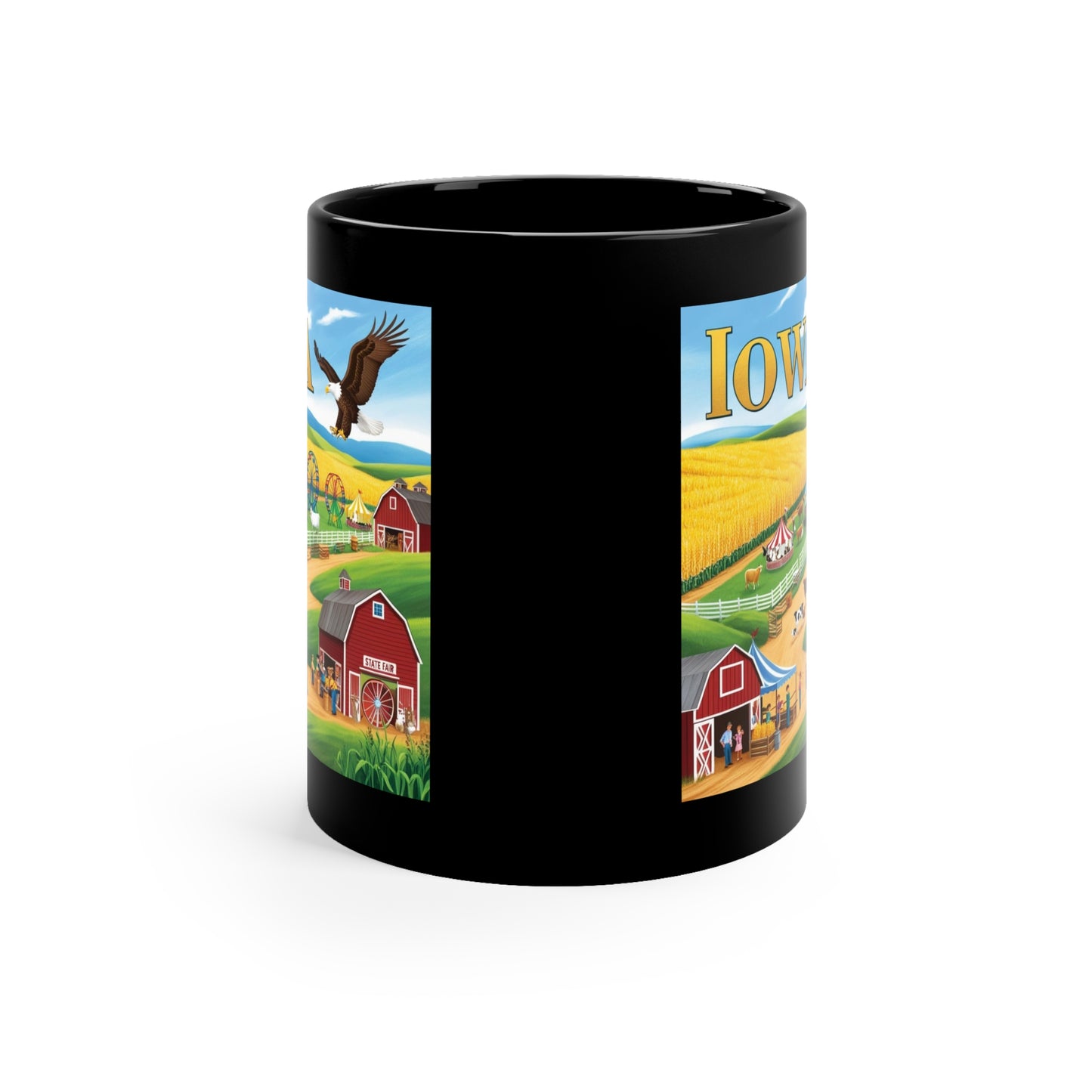 Iowa Scenic Black Coffee Mug - 11oz Farm & Festival Design