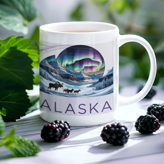 Alaska Aurora Landscape Mug – 11oz Coffee Cup Featuring Northern Lights & Wildlife