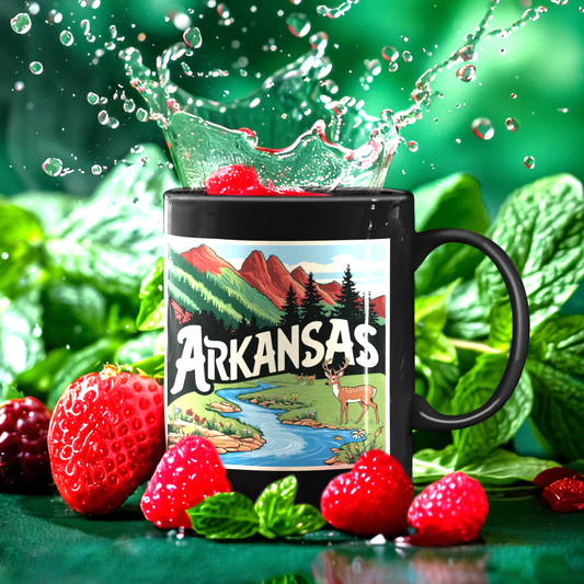 Arkansas Scenic Black Coffee Mug - 11oz Outdoor Adventure Design