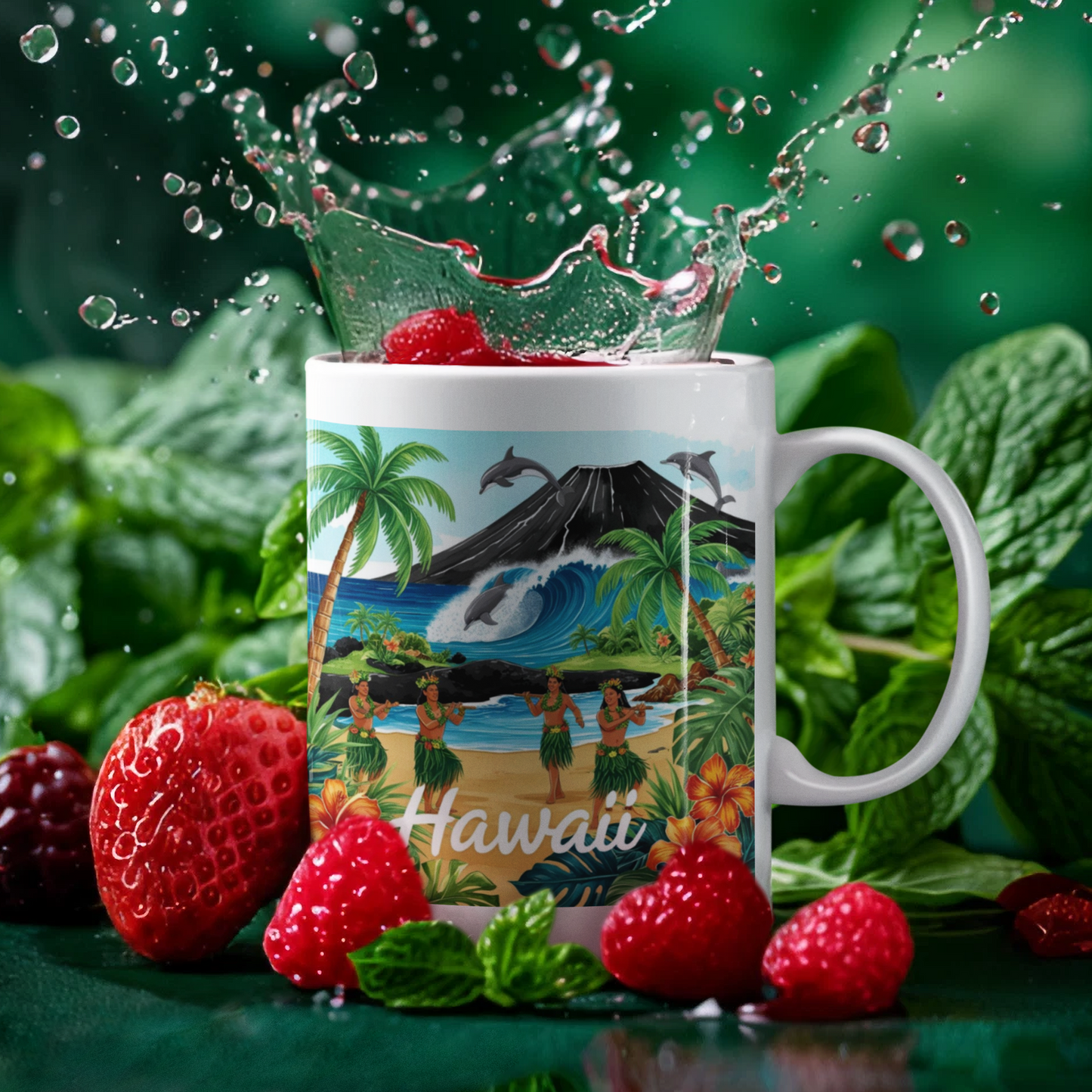 Hawaiian Paradise Coffee Mug - 11oz Tropical Design with Hula Dancers & Surf Waves