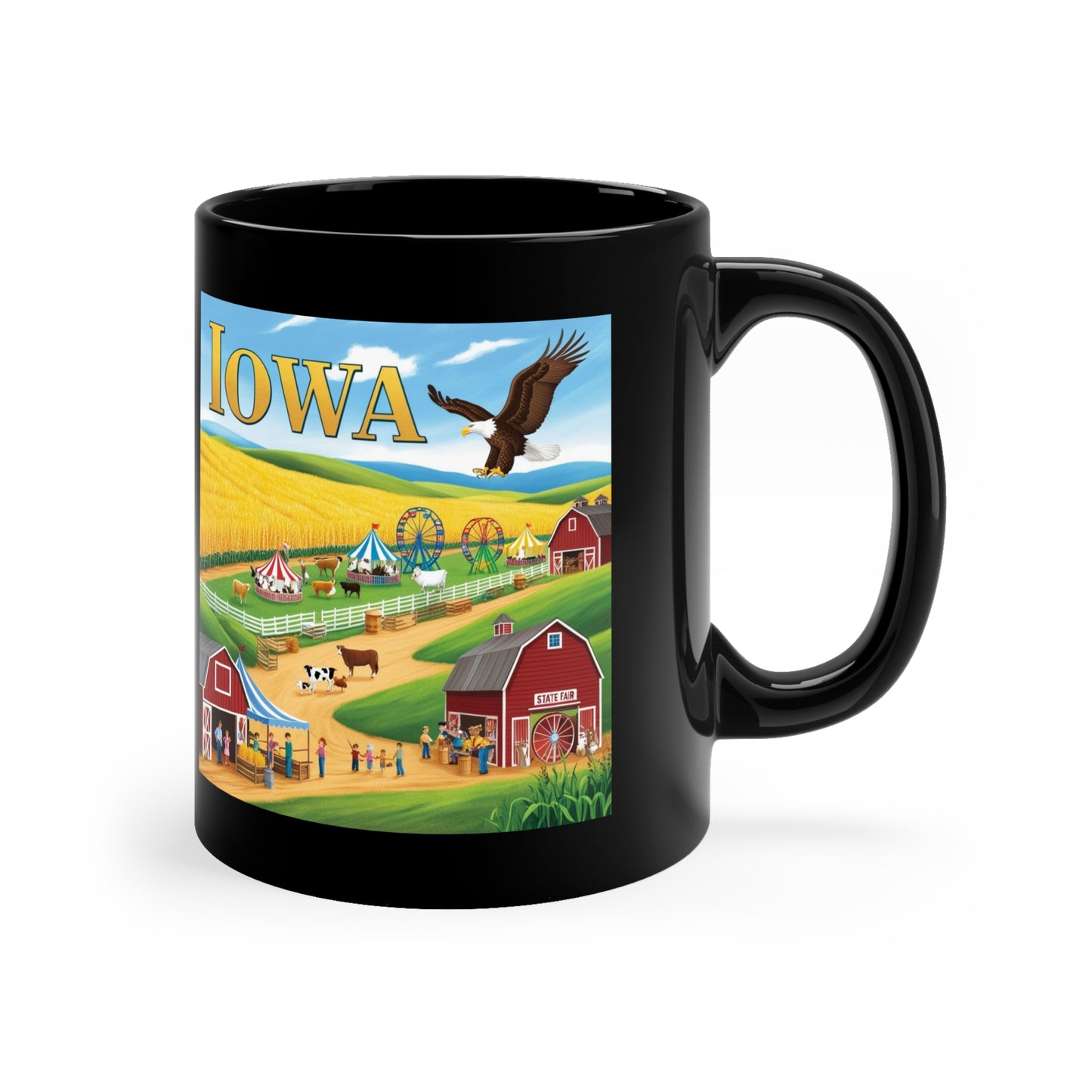 Iowa Scenic Black Coffee Mug - 11oz Farm & Festival Design