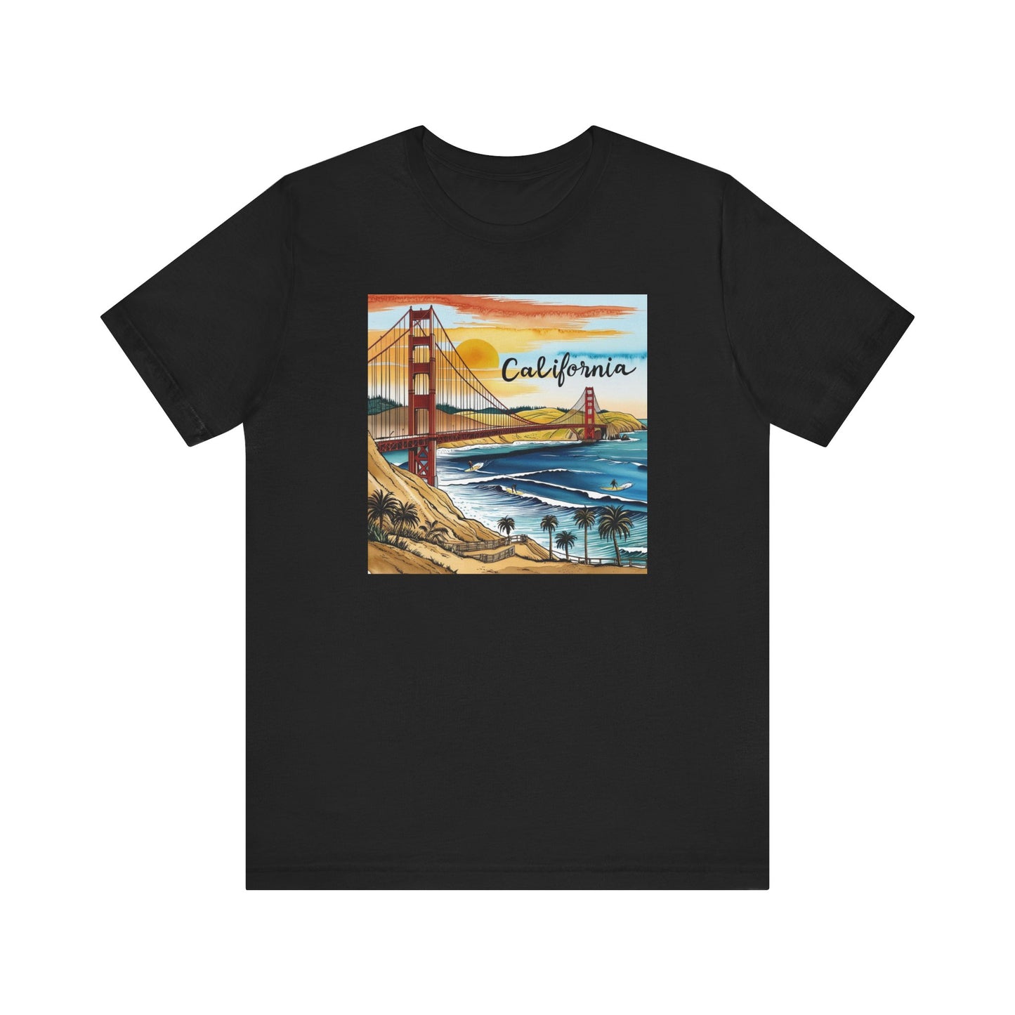 California Sunset Short Sleeve Tee - Unisex Jersey T-Shirt with Golden Gate Bridge Design