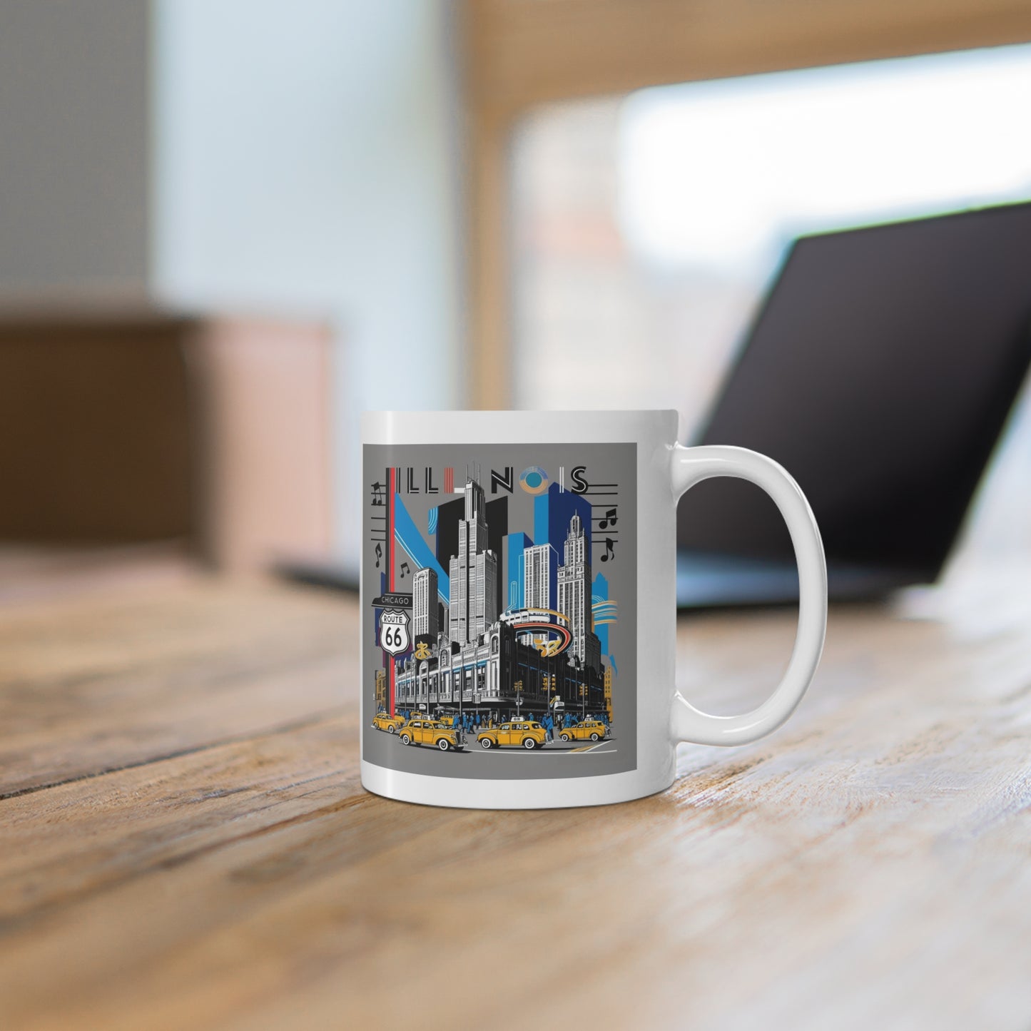 Vintage Route 66 Cityscape Mug – 11oz Retro Travel Illinois Coffee Cup